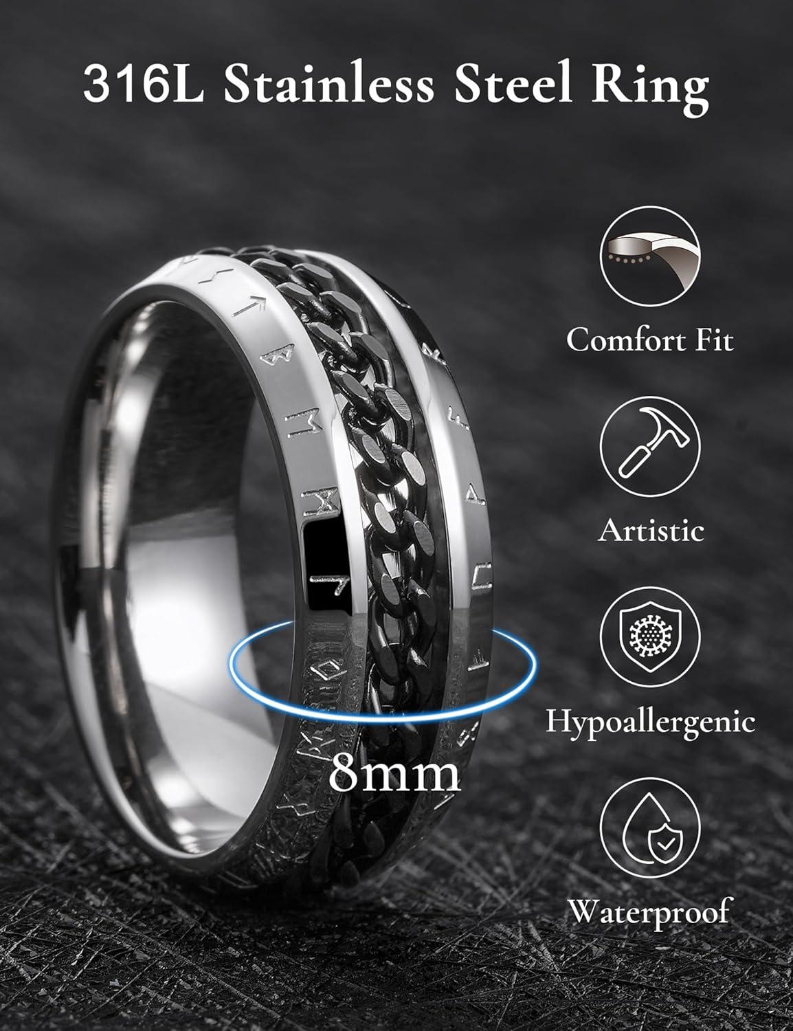 imageKing Will Mens 8mm 316L Stainless Steel Fidget Chain Spinner Rings Viking RunesSilver with Black Chain