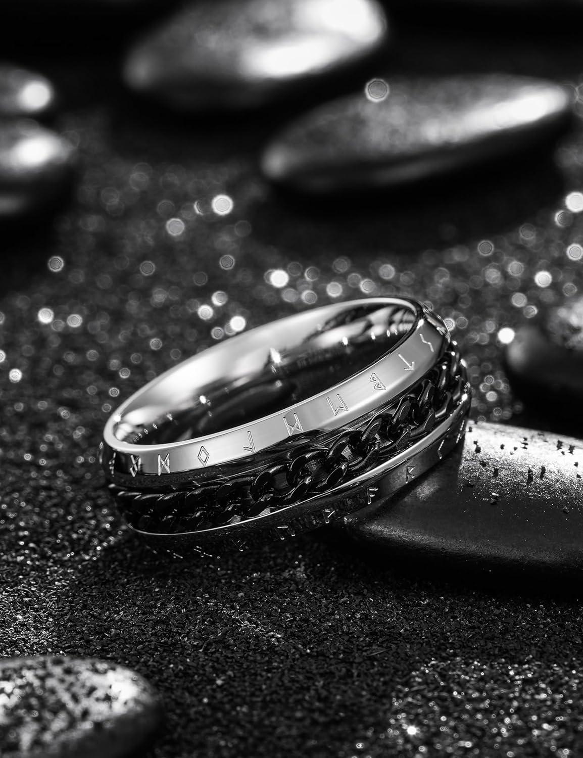imageKing Will Mens 8mm 316L Stainless Steel Fidget Chain Spinner Rings Viking RunesSilver with Black Chain