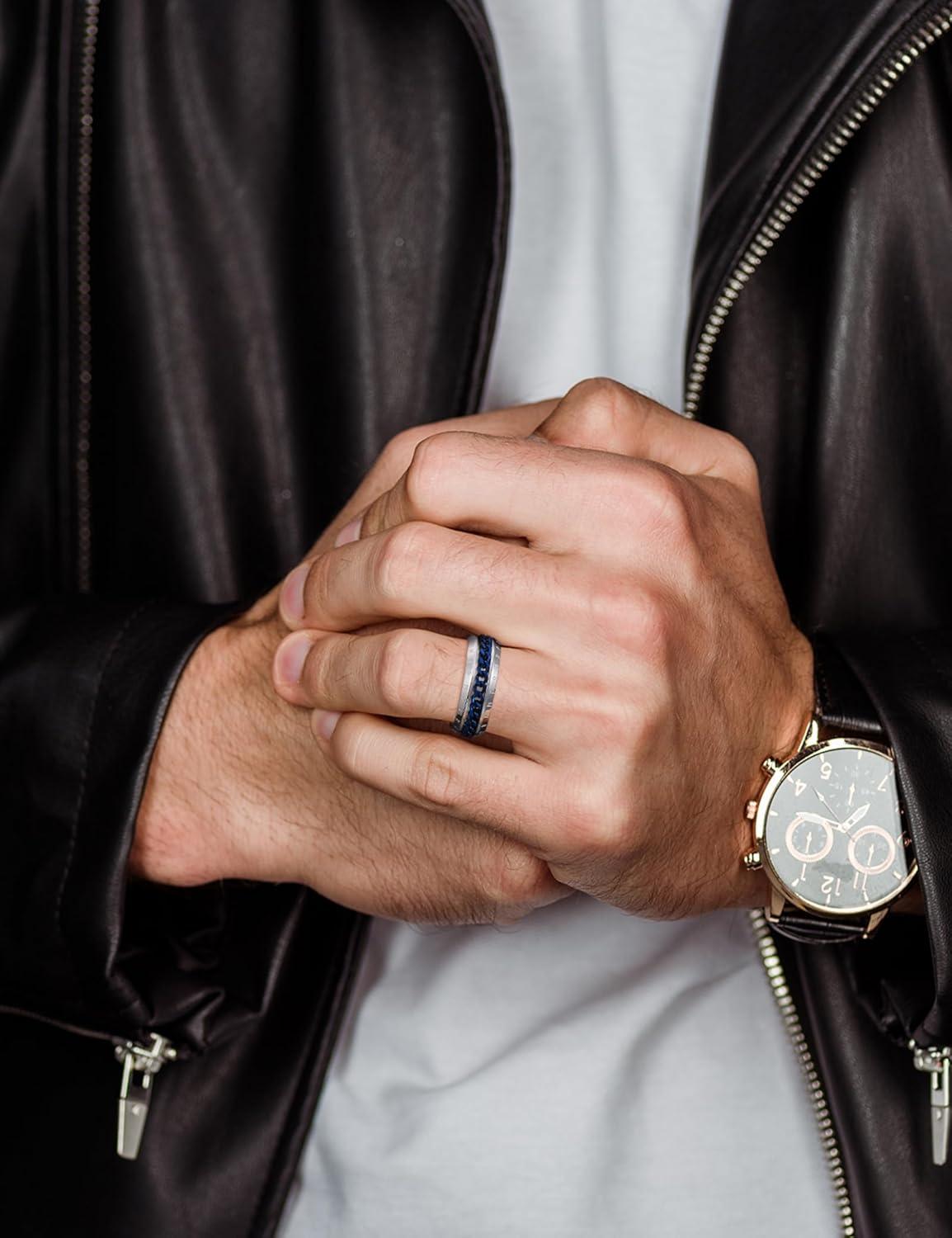 imageKing Will Mens 8mm 316L Stainless Steel Fidget Chain Spinner Rings Viking RunesSilver with Blue Chain