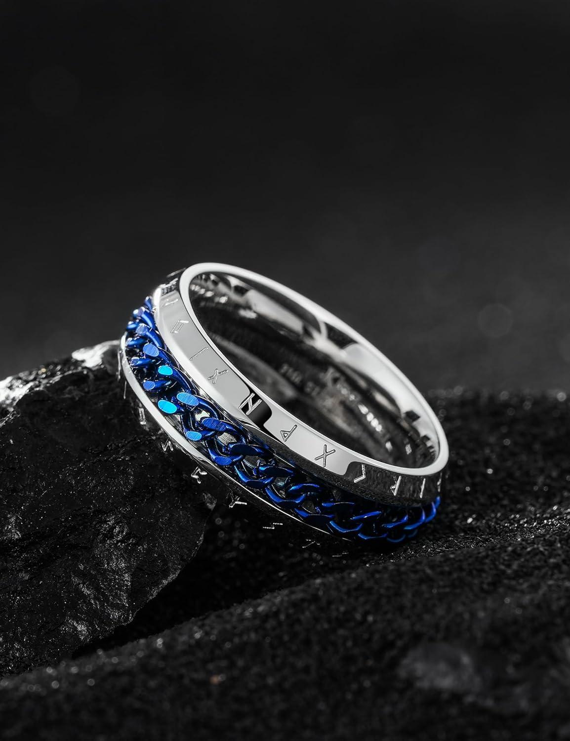 imageKing Will Mens 8mm 316L Stainless Steel Fidget Chain Spinner Rings Viking RunesSilver with Blue Chain
