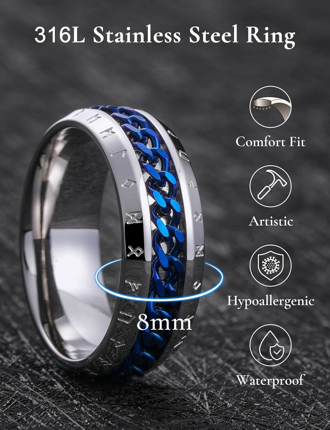imageKing Will Mens 8mm 316L Stainless Steel Fidget Chain Spinner Rings Viking RunesSilver with Blue Chain