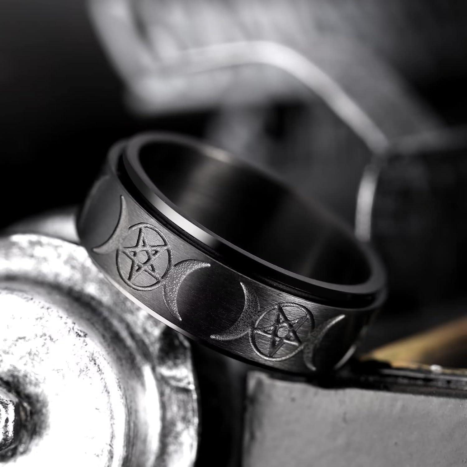 imageKing Will Mens Fidget Ring BlackGoldRose GoldRainbow 8mm Stainless Steel Ring Spinner Ring For Men Women Stress Anxiety Relief Rotating Ring Finger Teens Toy Moon Sun StarTriple MoonSand Blasted Comfort Fit For Unisex AdultsDull Black