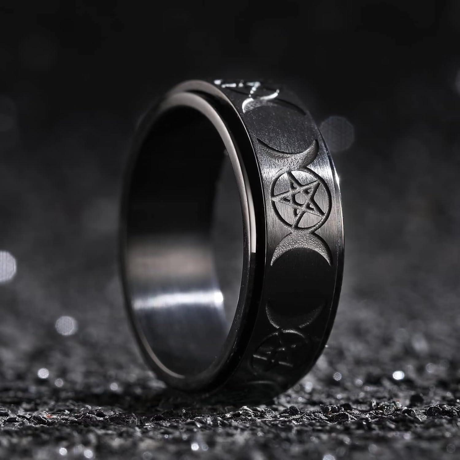 imageKing Will Mens Fidget Ring BlackGoldRose GoldRainbow 8mm Stainless Steel Ring Spinner Ring For Men Women Stress Anxiety Relief Rotating Ring Finger Teens Toy Moon Sun StarTriple MoonSand Blasted Comfort Fit For Unisex AdultsDull Black