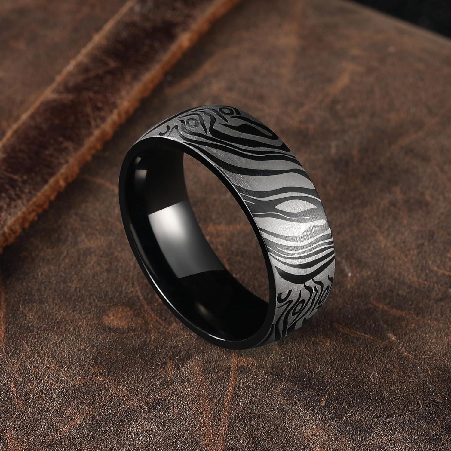 imageKing Will Mens Stainless Steel Wedding Band 8mm Black Promise Ring with Laser Zebra PatternEngraved Bull Unique Black Stainless Steel Wedding Band Ring for Men Comfort Fit Size 712BlackA