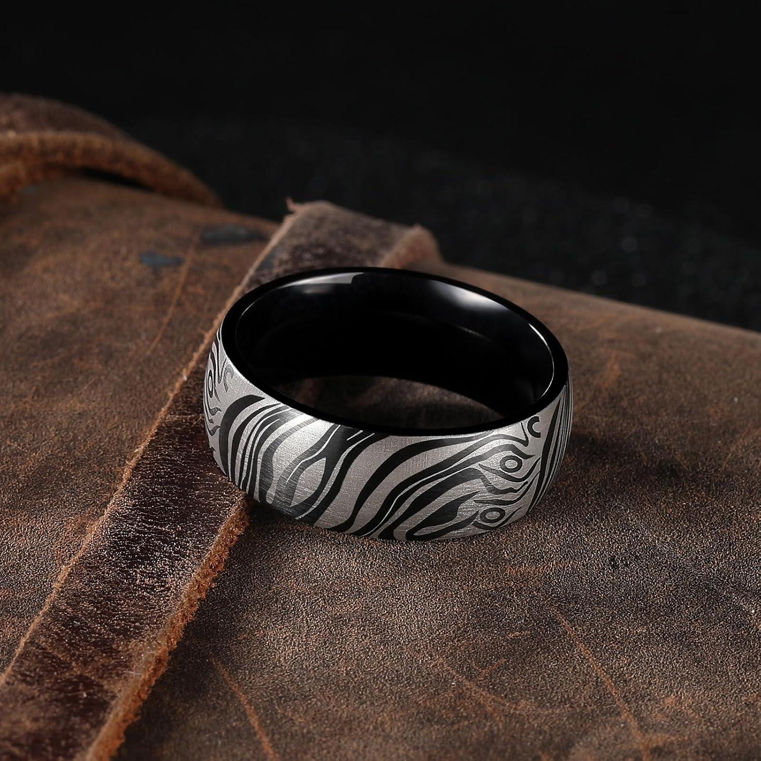 imageKing Will Mens Stainless Steel Wedding Band 8mm Black Promise Ring with Laser Zebra PatternEngraved Bull Unique Black Stainless Steel Wedding Band Ring for Men Comfort Fit Size 712BlackA