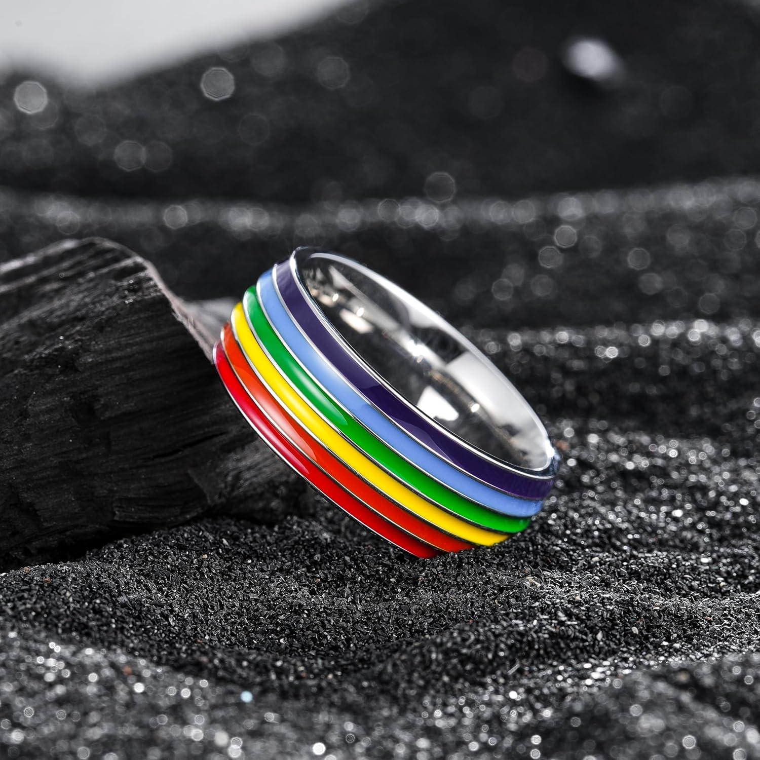 imageKing Will Pride Rainbow Rings Love is Love Wedding Band 8mm Width Promise Ring in BlackSilverGold with Inner Outer Rainbow Plated Comfort Fit Size 714SliverRaonbowB