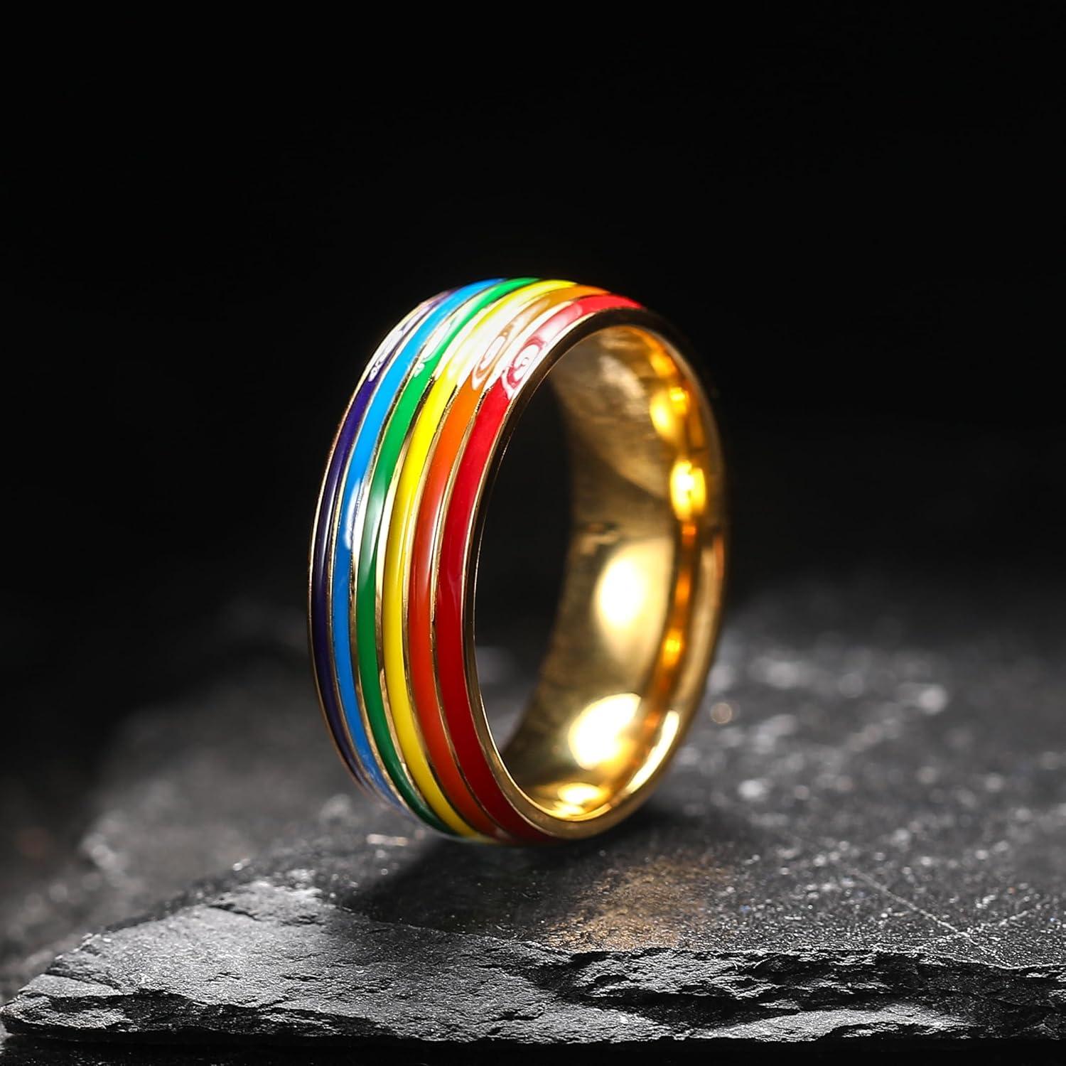 imageKing Will Pride Rainbow Rings Love is Love Wedding Band 8mm Width Promise Ring in BlackSilverGold with Inner Outer Rainbow Plated Comfort Fit Size 714RainbowInner Gold