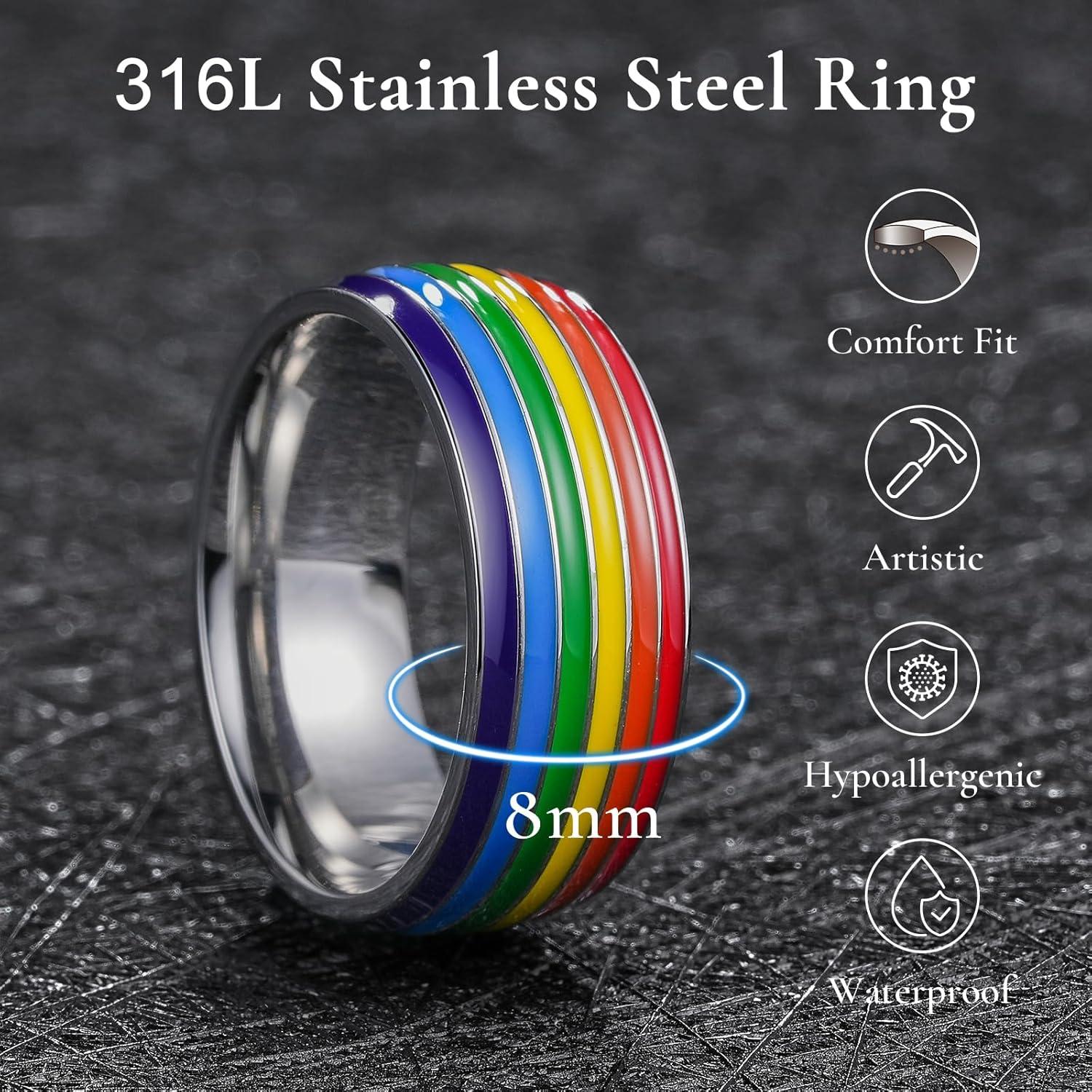 imageKing Will Pride Rainbow Rings Love is Love Wedding Band 8mm Width Promise Ring in BlackSilverGold with Inner Outer Rainbow Plated Comfort Fit Size 714SliverRaonbowB