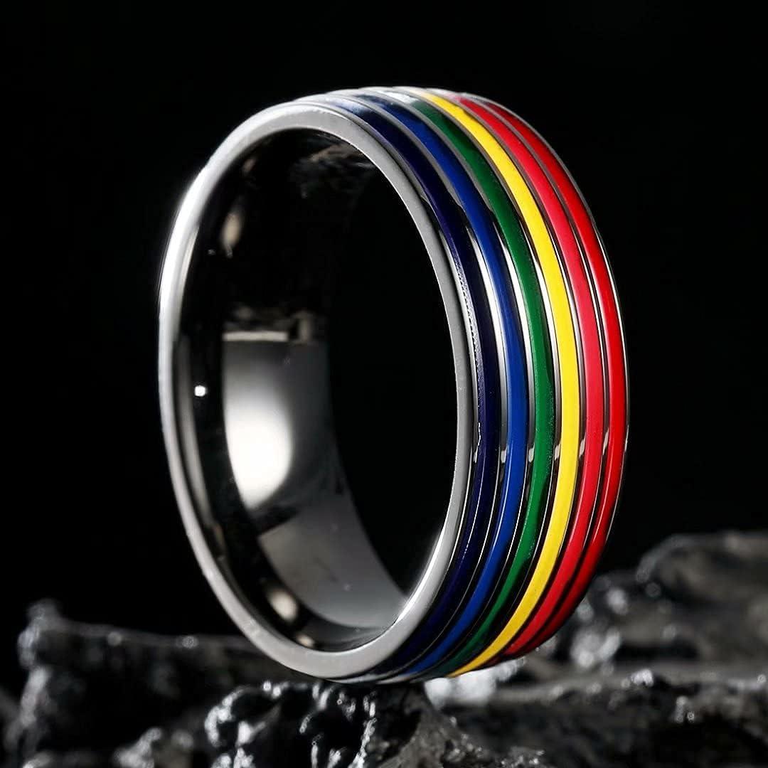 imageKing Will Pride Rainbow Rings Love is Love Wedding Band 8mm Width Promise Ring in BlackSilverGold with Inner Outer Rainbow Plated Comfort Fit Size 714RainbowInner Black