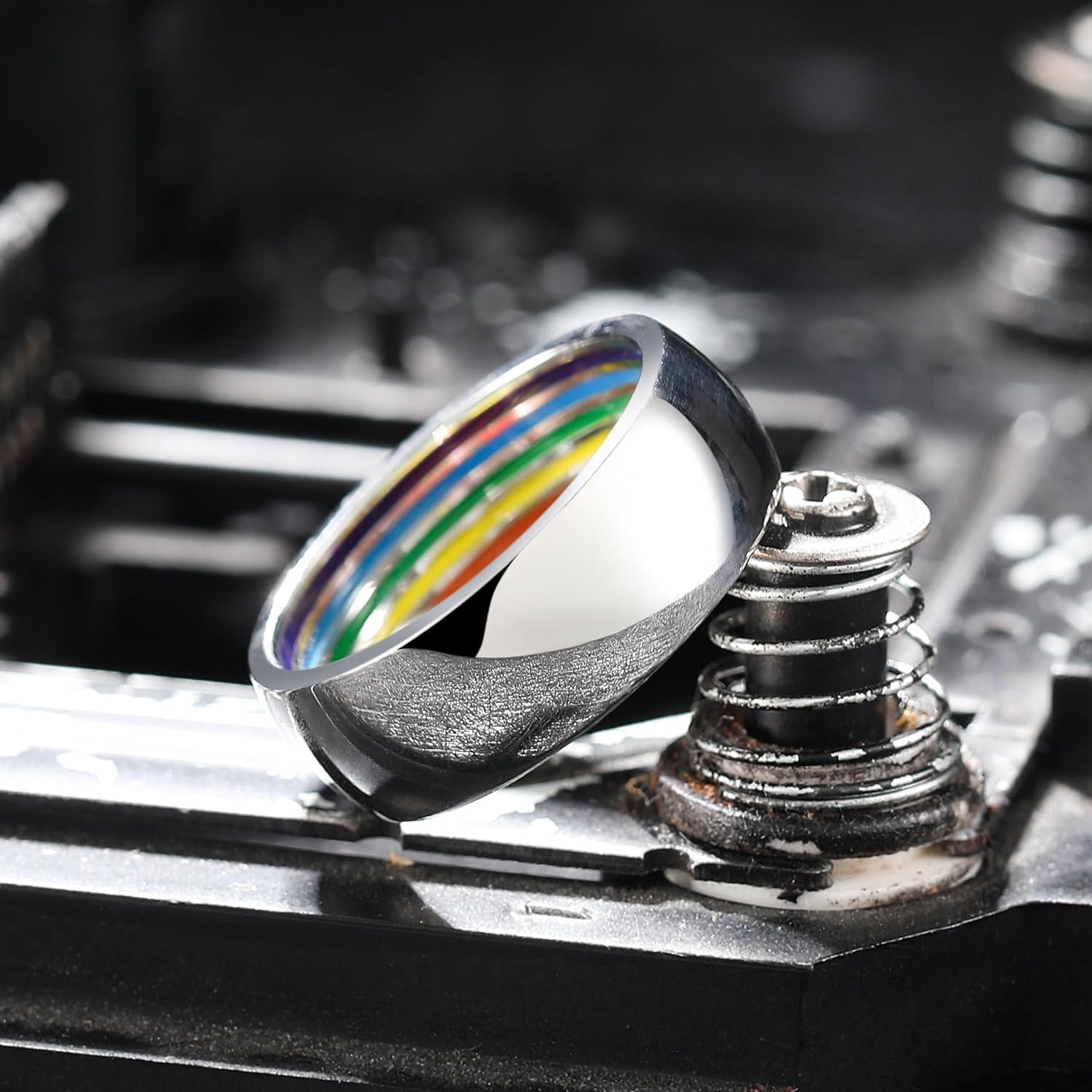 imageKing Will Pride Rainbow Rings Love is Love Wedding Band 8mm Width Promise Ring in BlackSilverGold with Inner Outer Rainbow Plated Comfort Fit Size 714SilverRainbow