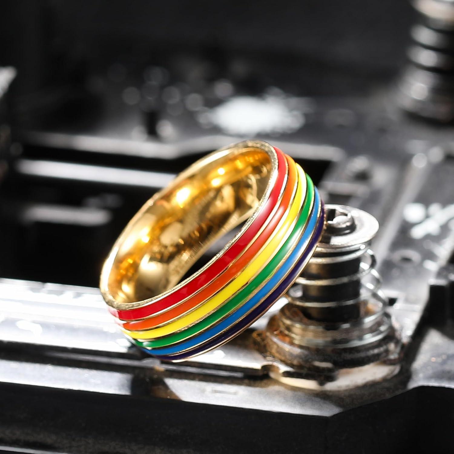 imageKing Will Pride Rainbow Rings Love is Love Wedding Band 8mm Width Promise Ring in BlackSilverGold with Inner Outer Rainbow Plated Comfort Fit Size 714RainbowInner Gold