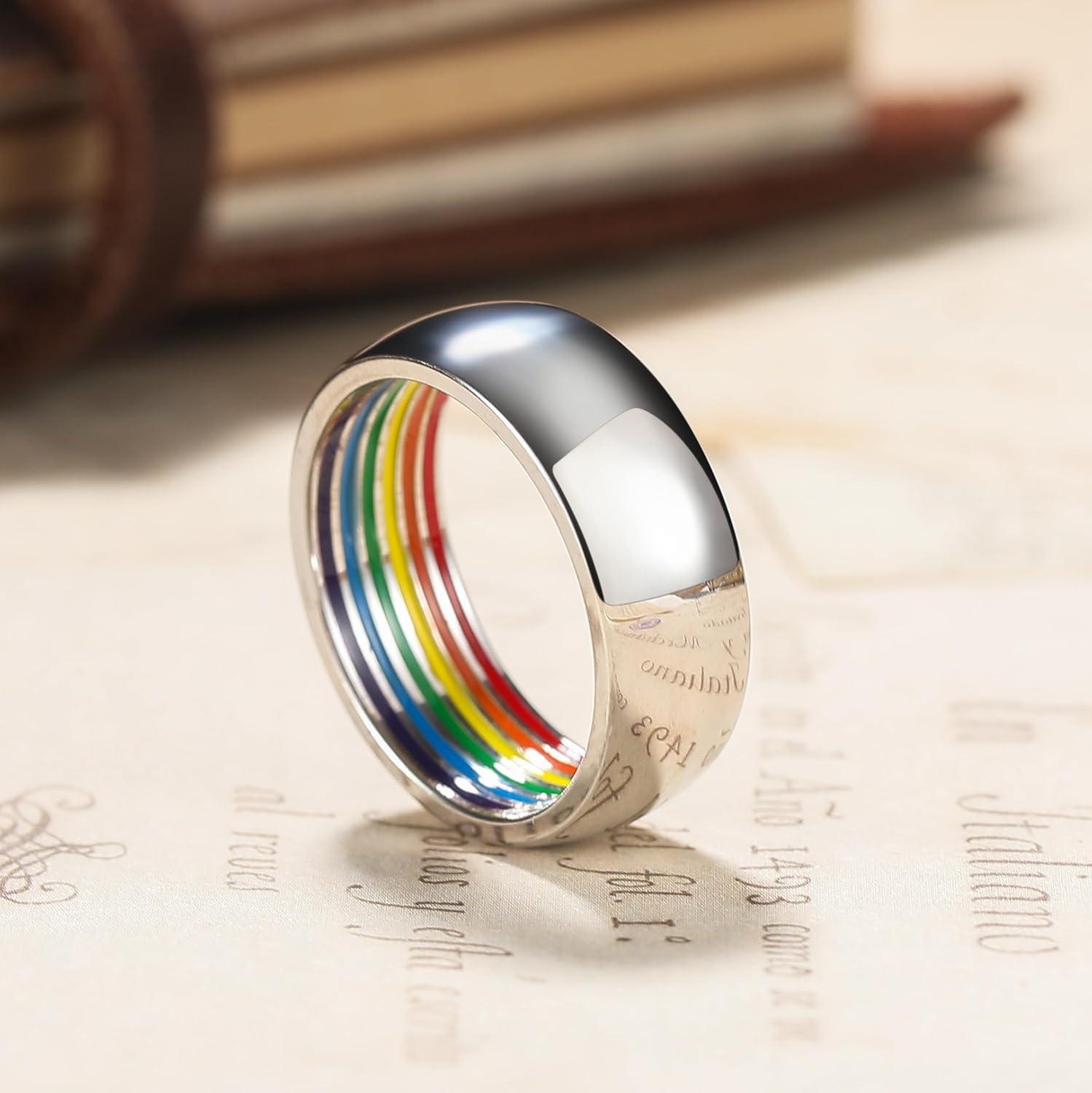 imageKing Will Pride Rainbow Rings Love is Love Wedding Band 8mm Width Promise Ring in BlackSilverGold with Inner Outer Rainbow Plated Comfort Fit Size 714SilverRainbow