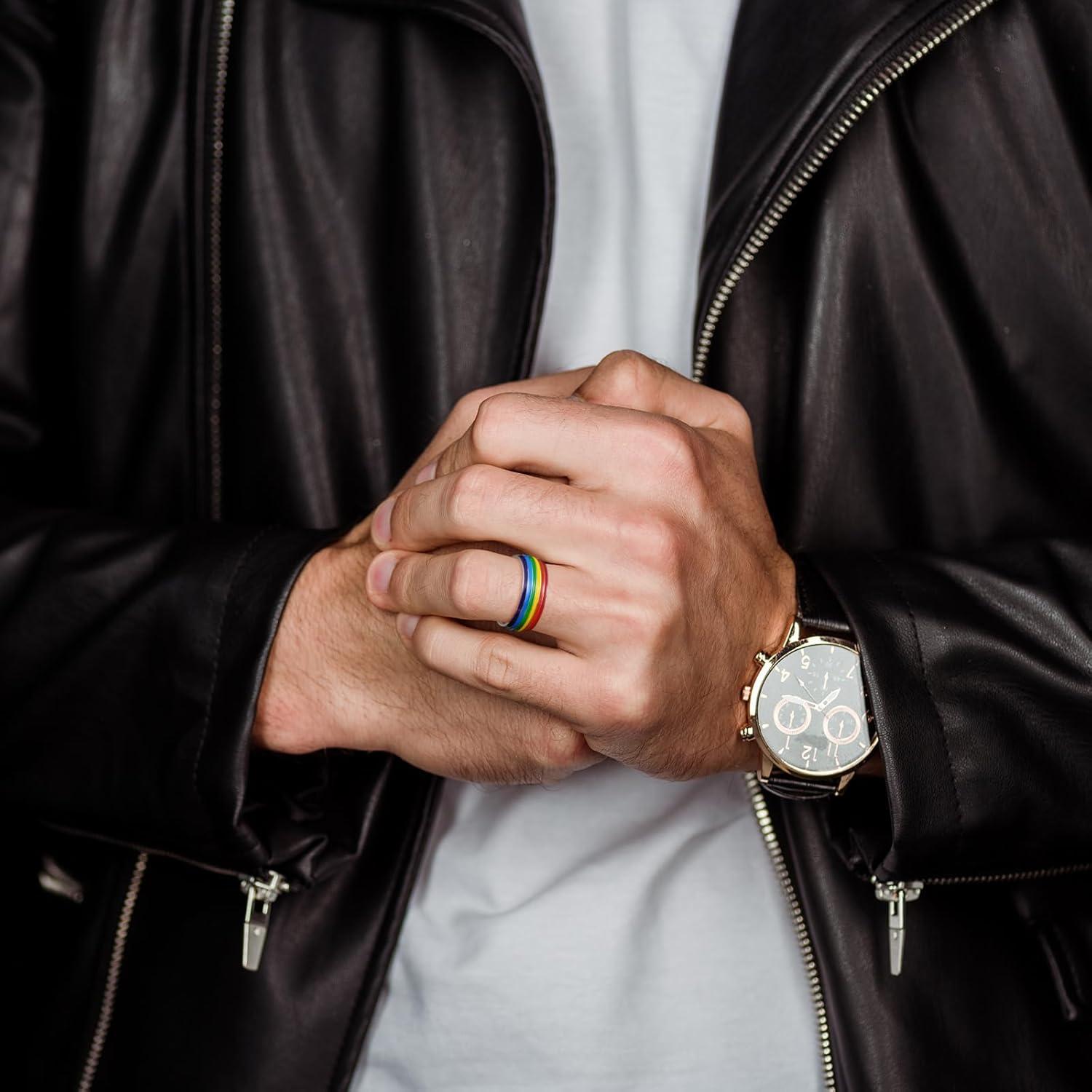 imageKing Will Pride Rainbow Rings Love is Love Wedding Band 8mm Width Promise Ring in BlackSilverGold with Inner Outer Rainbow Plated Comfort Fit Size 714SliverRaonbowB