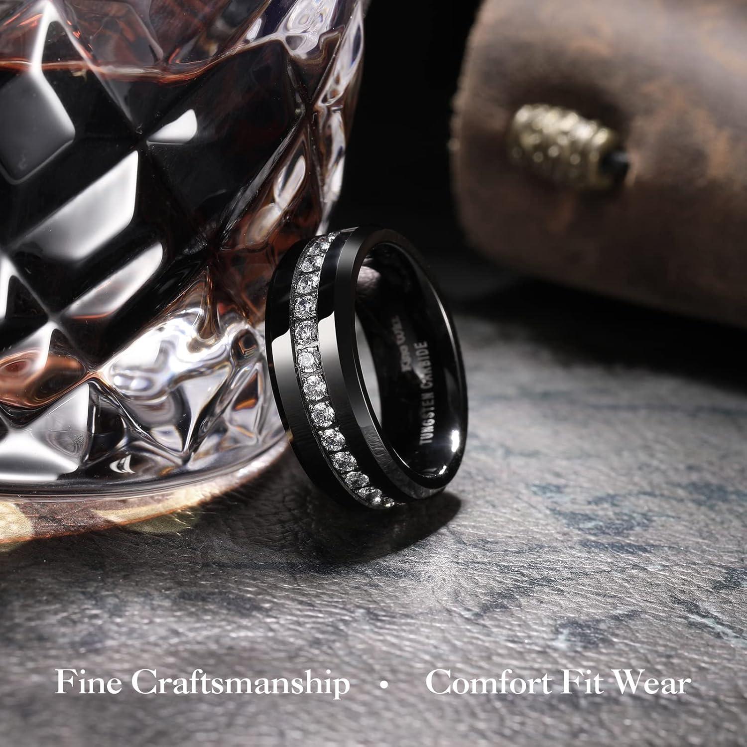 imageKing Will Tungsten Carbide Wedding Band for Men 8mm Black Plated High Polished Cubic Zircon Stones Comfort Fit Mens Ring for WeddingEngagement and AnniversaryBlack