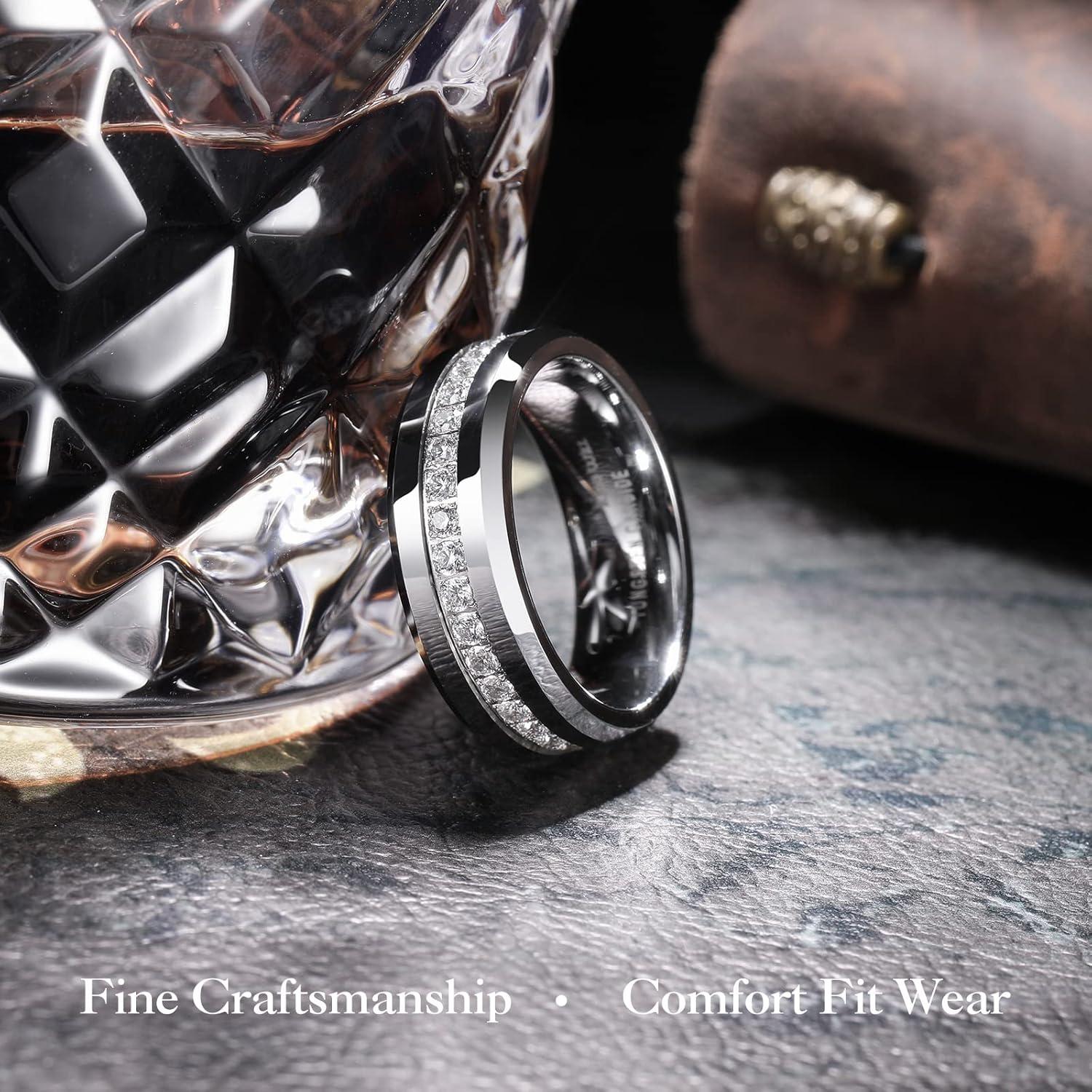 imageKing Will Tungsten Carbide Wedding Band for Men 8mm Black Plated High Polished Cubic Zircon Stones Comfort Fit Mens Ring for WeddingEngagement and AnniversarySilver