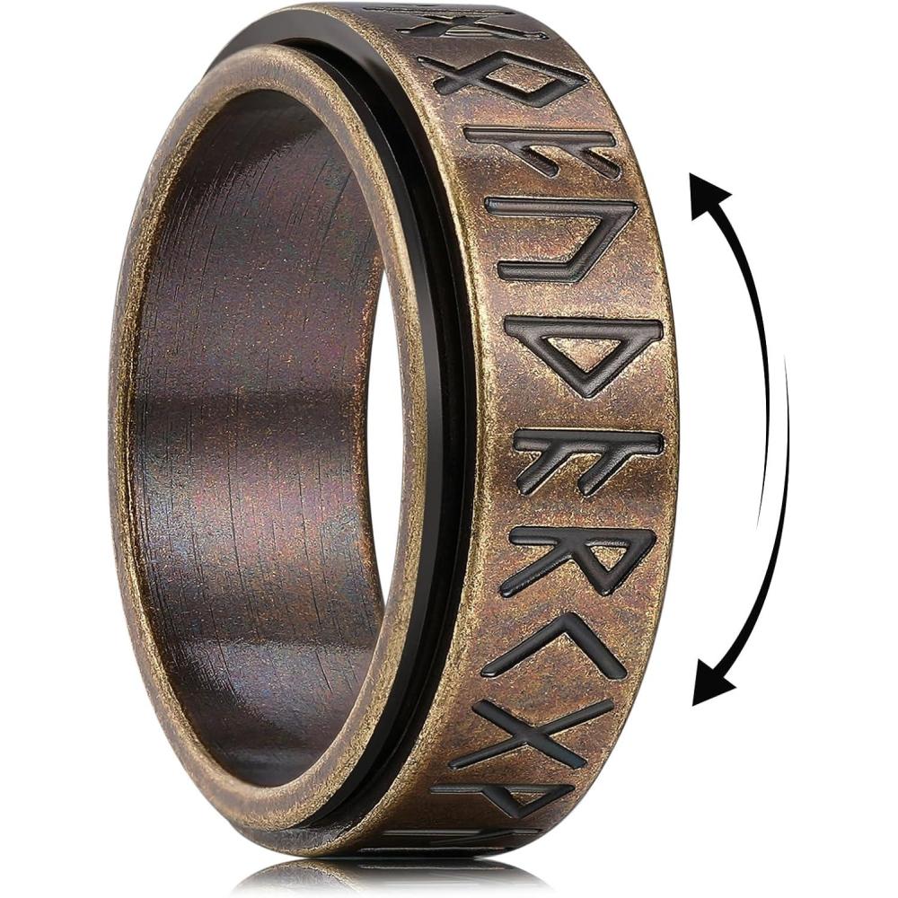 imageKing Will 316L Stainless Steel Spinner Wedding Band for Men Women8mm Width Fidget Spinner Ring in BrownBlackSliver with Viking Runes Pattern Stress Relief Ring Comfort Fit Size 713ABronze