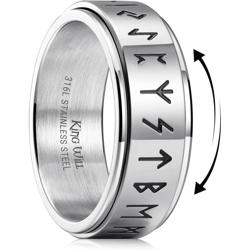 imageKing Will 316L Stainless Steel Spinner Wedding Band for Men Women8mm Width Fidget Spinner Ring in BrownBlackSliver with Viking Runes Pattern Stress Relief Ring Comfort Fit Size 713ASliver Plated