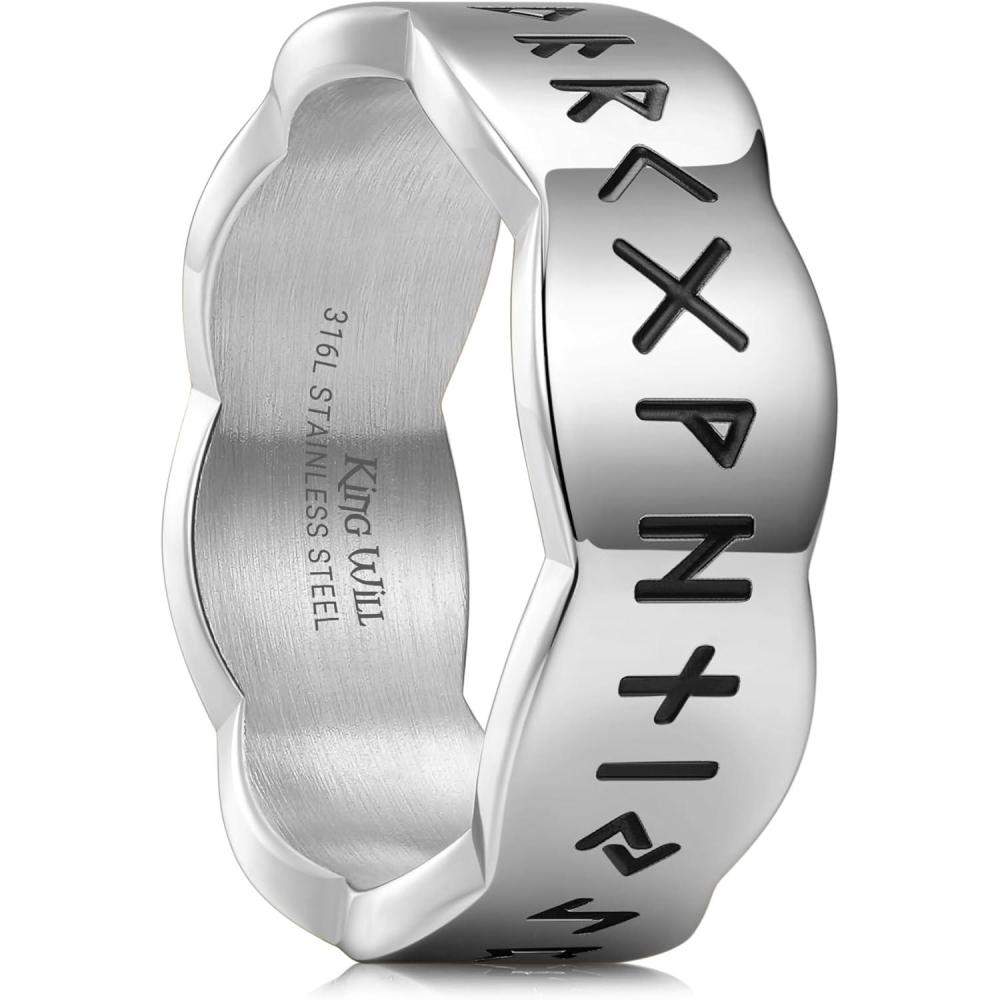 imageKing Will 316L Stainless Steel Spinner Wedding Band for Men Women8mm Width Fidget Spinner Ring in BrownBlackSliver with Viking Runes Pattern Stress Relief Ring Comfort Fit Size 713BSliver Plated