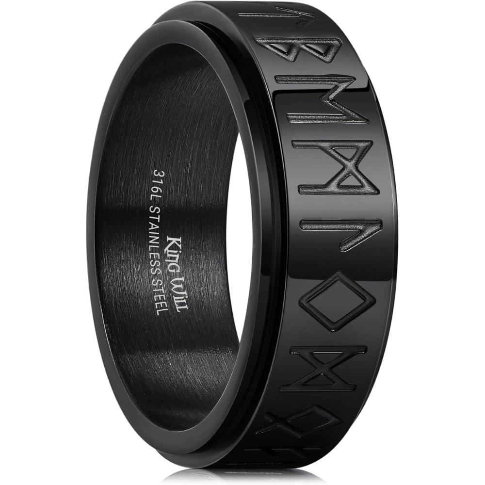 imageKing Will 316L Stainless Steel Spinner Wedding Band for Men Women8mm Width Fidget Spinner Ring in BrownBlackSliver with Viking Runes Pattern Stress Relief Ring Comfort Fit Size 713ABlack