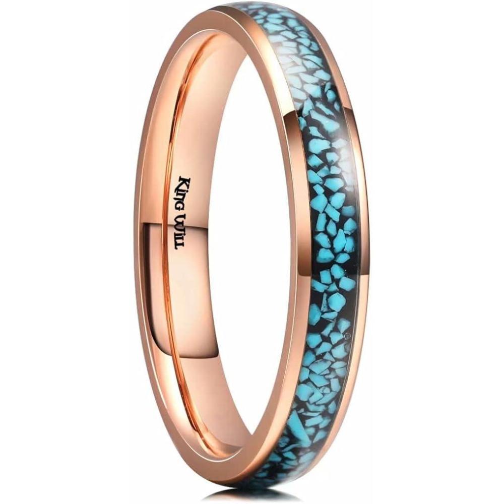 imageKing Will 4mm Turquoise Granules Inlay Stainless Steel Ring Domed Polished Shiny Rose Gold Wedding Band for Men Women 95