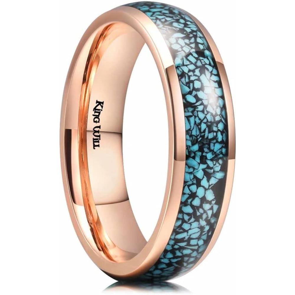 imageKing Will 6mm Domed Polished Stainless Steel Ring Turquoise Granules Inlay Shiny Rose Gold Wedding Band for Men Women 95