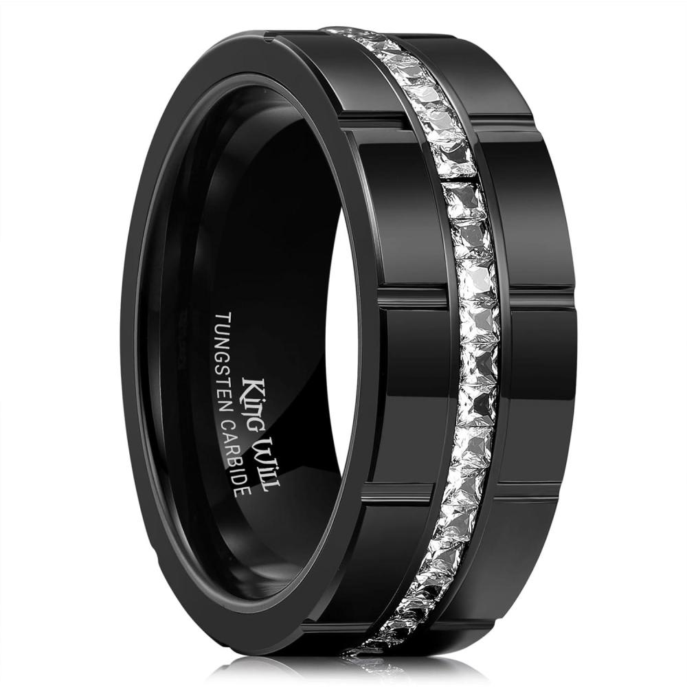 imageKing Will 8mm Tungsten Wedding Ring for Men Women Centre Groove Unisex Wedding Band with White Cubic ZirconBlack