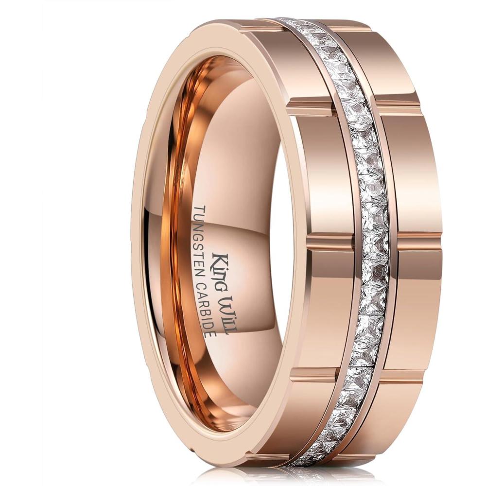 imageKing Will 8mm Tungsten Wedding Ring for Men Women Centre Groove Unisex Wedding Band with White Cubic ZirconRose Gold