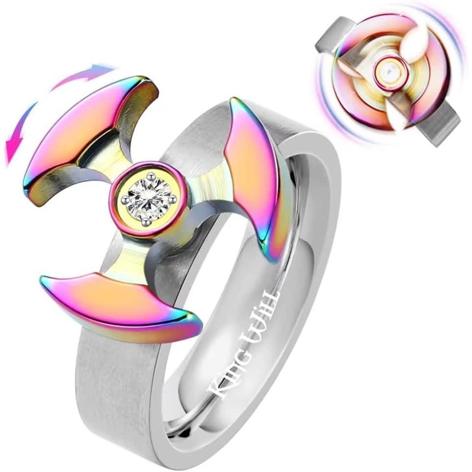 imageKing Will Anxiety Spinner Rings for Men Women 6mm Stainless Steel Ring Rainbow Stress Relief Wedding Ring Comfort FitBPink