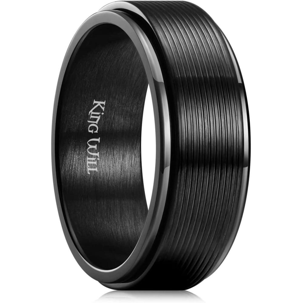 imageKing Will Black Line Groove Mens Women 8mm Spinner Rings Stainless Steel Anxiety Fidget Ring for Women Men Polish Groove Wedding Band Fidget Ring Matte Brushed Comfort Fit 125