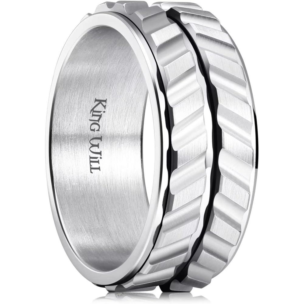 imageKing Will Black Silver Gold Mens Spinner Anxiety Fidget Ring 8mm Stainless Steel Wire Mesh Chain Woven MeshTire StripeGroove Ring for Stress RelievingsilverTire Stripe