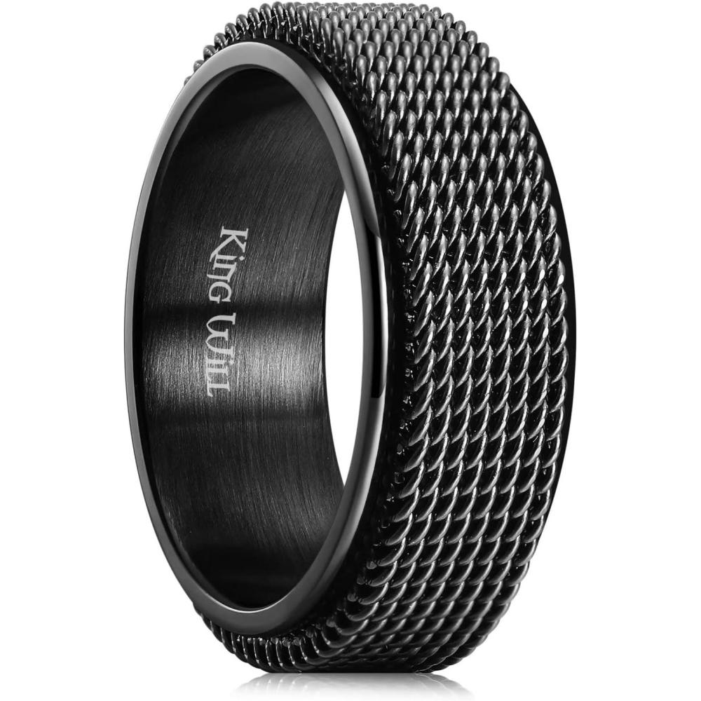 imageKing Will Black Silver Gold Mens Spinner Anxiety Fidget Ring 8mm Stainless Steel Wire Mesh Chain Woven MeshTire StripeGroove Ring for Stress Relievingblack Chain Mesh