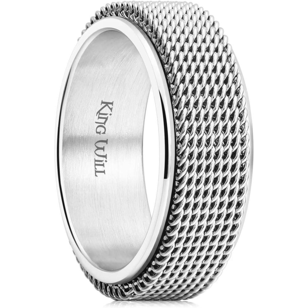 imageKing Will Black Silver Gold Mens Spinner Anxiety Fidget Ring 8mm Stainless Steel Wire Mesh Chain Woven MeshTire StripeGroove Ring for Stress Relievingsilver Chain Mesh