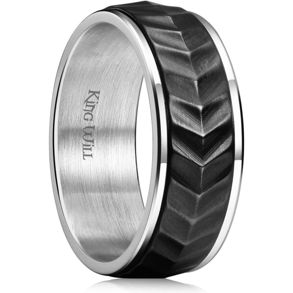 imageKing Will Black Silver Gold Mens Spinner Anxiety Fidget Ring 8mm Stainless Steel Wire Mesh Chain Woven MeshTire StripeGroove Ring for Stress Relievingsilverblack