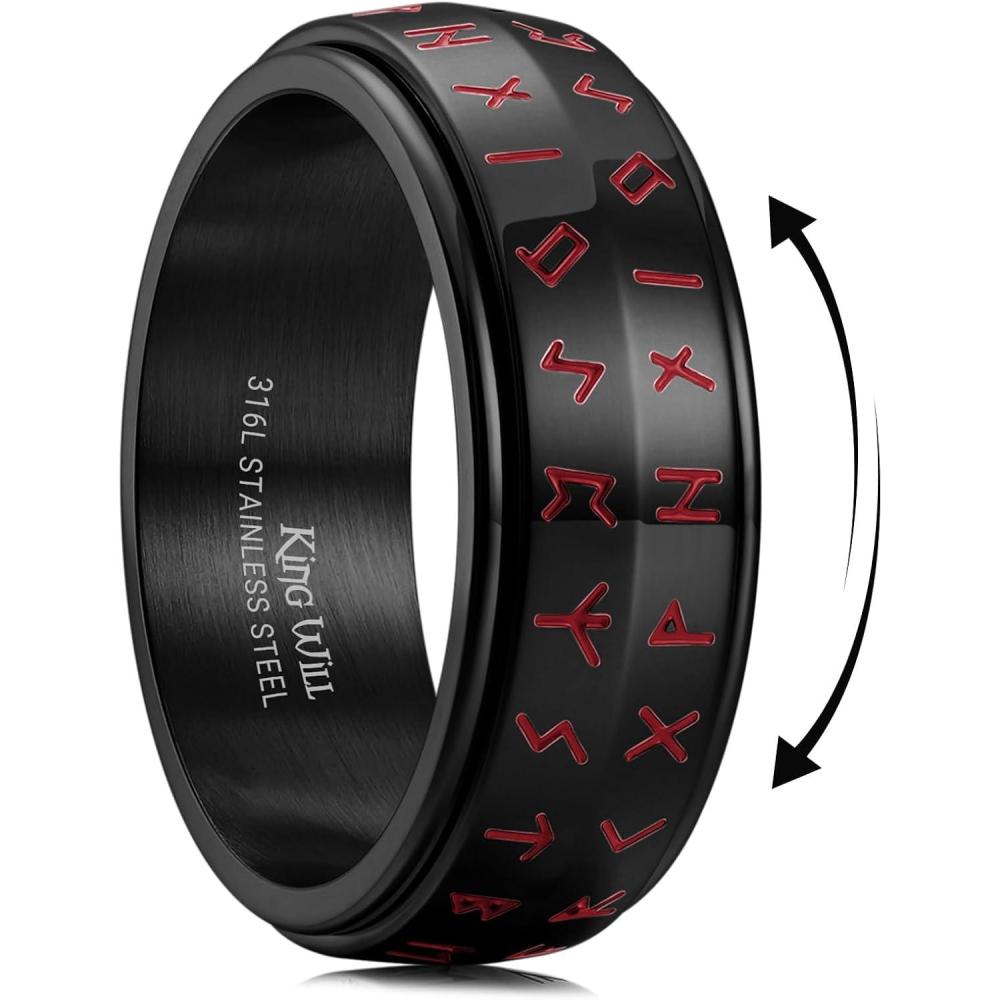 imageKing Will Mens 8mm 316L Stainless Steel Fidget Chain Spinner Rings Viking RunesBlack