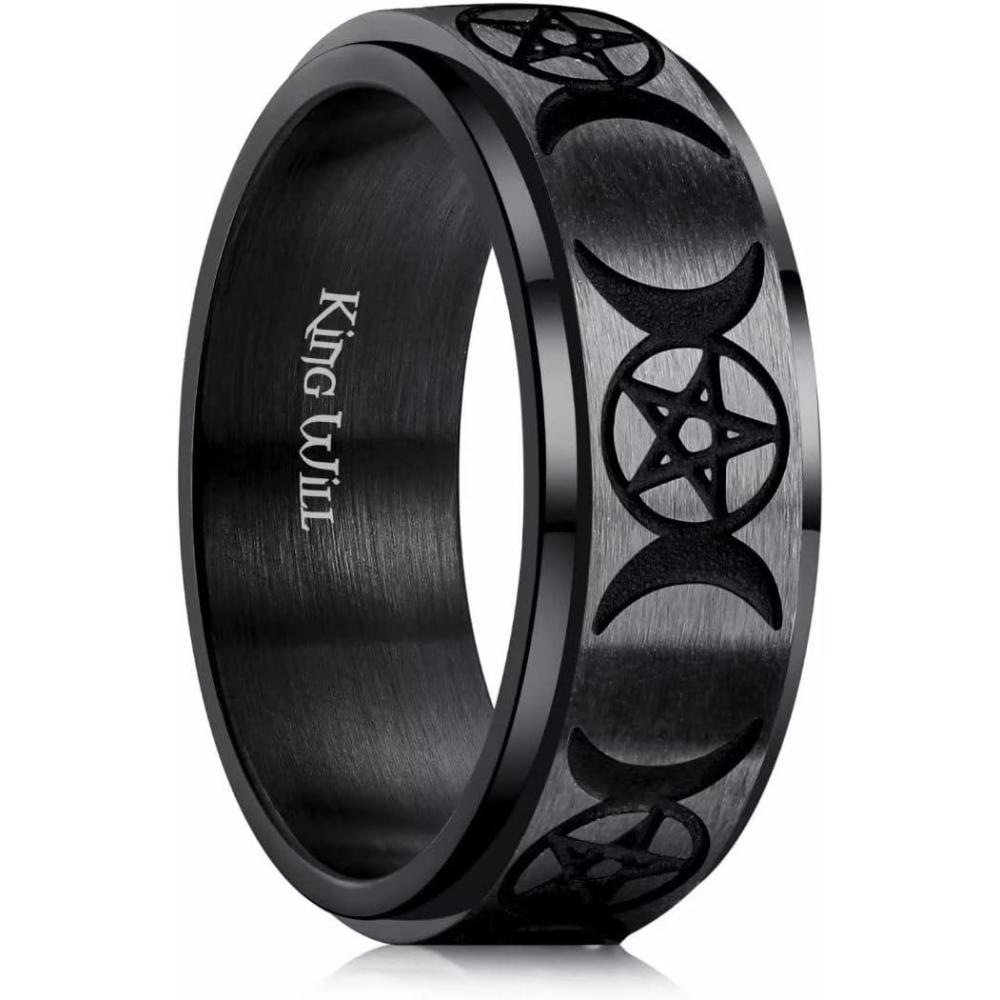 imageKing Will Mens Fidget Ring BlackGoldRose GoldRainbow 8mm Stainless Steel Ring Spinner Ring For Men Women Stress Anxiety Relief Rotating Ring Finger Teens Toy Moon Sun StarTriple MoonSand Blasted Comfort Fit For Unisex AdultsDull Black