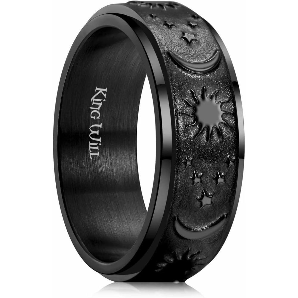 imageKing Will Mens Fidget Ring BlackGoldRose GoldRainbow 8mm Stainless Steel Ring Spinner Ring For Men Women Stress Anxiety Relief Rotating Ring Finger Teens Toy Moon Sun StarTriple MoonSand Blasted Comfort Fit For Unisex AdultsMoon Sun Star