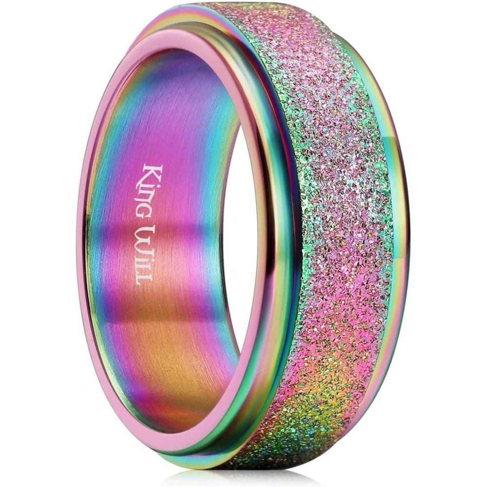 imageKing Will Mens Fidget Ring BlackGoldRose GoldRainbow 8mm Stainless Steel Ring Spinner Ring For Men Women Stress Anxiety Relief Rotating Ring Finger Teens Toy Moon Sun StarTriple MoonSand Blasted Comfort Fit For Unisex AdultsRainbow