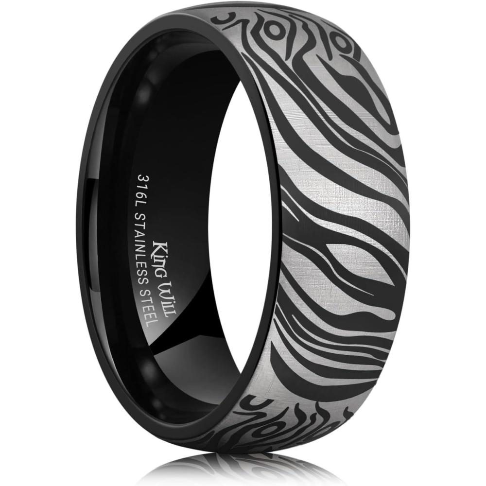 imageKing Will Mens Stainless Steel Wedding Band 8mm Black Promise Ring with Laser Zebra PatternEngraved Bull Unique Black Stainless Steel Wedding Band Ring for Men Comfort Fit Size 712BlackA