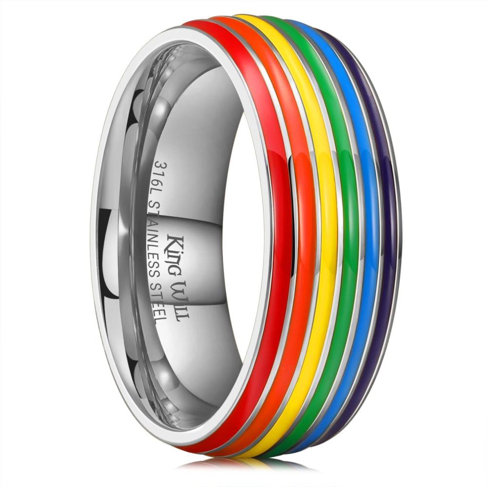 imageKing Will Pride Rainbow Rings Love is Love Wedding Band 8mm Width Promise Ring in BlackSilverGold with Inner Outer Rainbow Plated Comfort Fit Size 714SliverRaonbowB