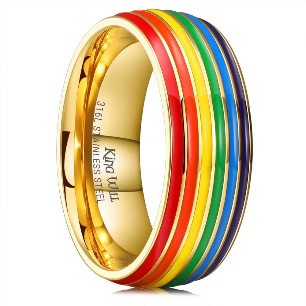 imageKing Will Pride Rainbow Rings Love is Love Wedding Band 8mm Width Promise Ring in BlackSilverGold with Inner Outer Rainbow Plated Comfort Fit Size 714RainbowInner Gold