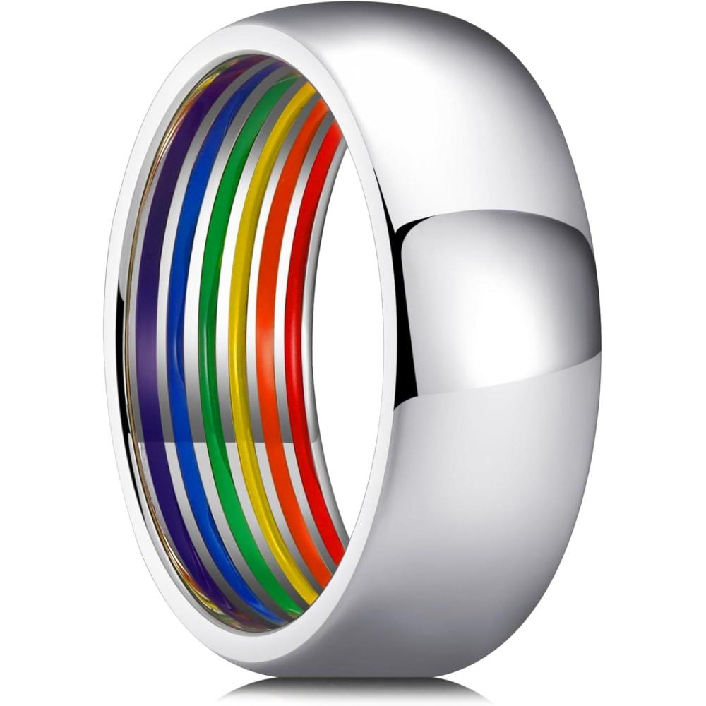 imageKing Will Pride Rainbow Rings Love is Love Wedding Band 8mm Width Promise Ring in BlackSilverGold with Inner Outer Rainbow Plated Comfort Fit Size 714SilverRainbow