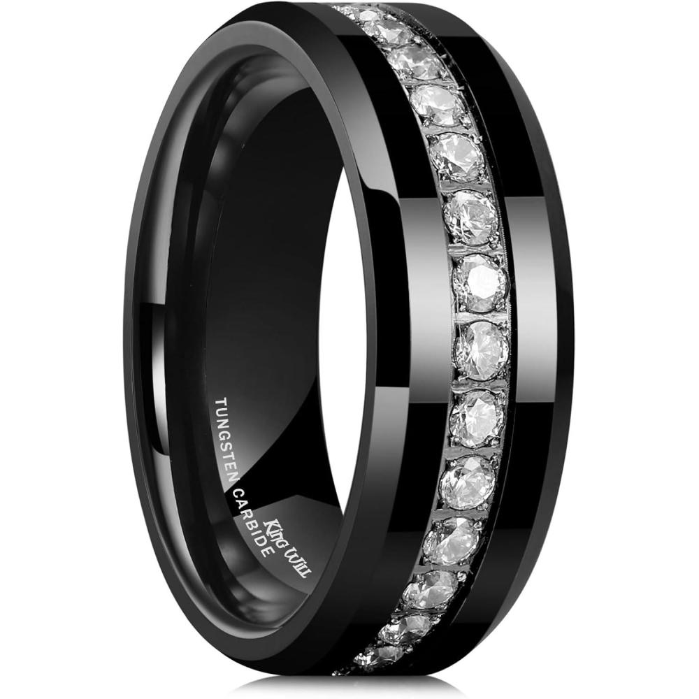 imageKing Will Tungsten Carbide Wedding Band for Men 8mm Black Plated High Polished Cubic Zircon Stones Comfort Fit Mens Ring for WeddingEngagement and AnniversaryBlack