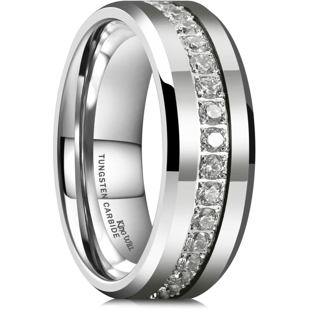 imageKing Will Tungsten Carbide Wedding Band for Men 8mm Black Plated High Polished Cubic Zircon Stones Comfort Fit Mens Ring for WeddingEngagement and AnniversarySilver