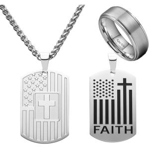 King Will 20″ Stainless Steel Necklace with Two Alternative Pendants, Men’s 8mm Tungsten Carbide Ring, Size 9.5