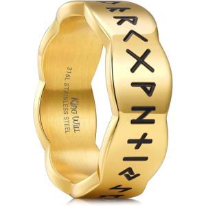 King Will 316L Stainless Steel Spinner Wedding Band for Men Women-8mm Width Fidget Spinner Ring in Brown/Black/Sliver with Viking Runes Pattern, Stress Relief Ring Comfort Fit Size 7-13(B-Gold Plated)