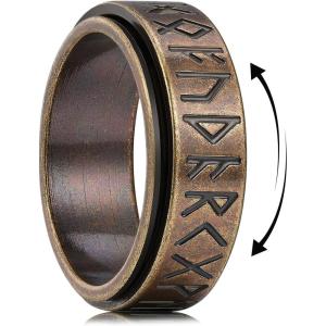 King Will 316L Stainless Steel Spinner Wedding Band for Men Women-8mm Width Fidget Spinner Ring in Brown/Black/Sliver with Viking Runes Pattern, Stress Relief Ring Comfort Fit Size 7-13(A-Bronze)