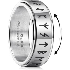 King Will 316L Stainless Steel Spinner Wedding Band for Men Women-8mm Width Fidget Spinner Ring in Brown/Black/Sliver with Viking Runes Pattern, Stress Relief Ring Comfort Fit Size 7-13(A-Sliver Plated)