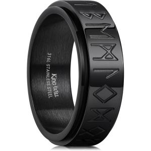 King Will 316L Stainless Steel Spinner Wedding Band for Men Women-8mm Width Fidget Spinner Ring in Brown/Black/Sliver with Viking Runes Pattern, Stress Relief Ring Comfort Fit Size 7-13(A-Black)