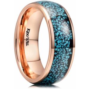 King Will 8mm Rose Gold Domed Stainless Steel Ring Turquoise Granules Inlay Shiny Polished Wedding Band for Men Women 9.5