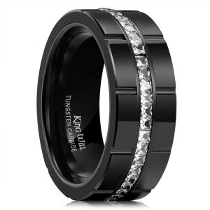 King Will 8mm Tungsten Wedding Ring for Men Women Centre Groove Unisex Wedding Band with White Cubic Zircon(Black)